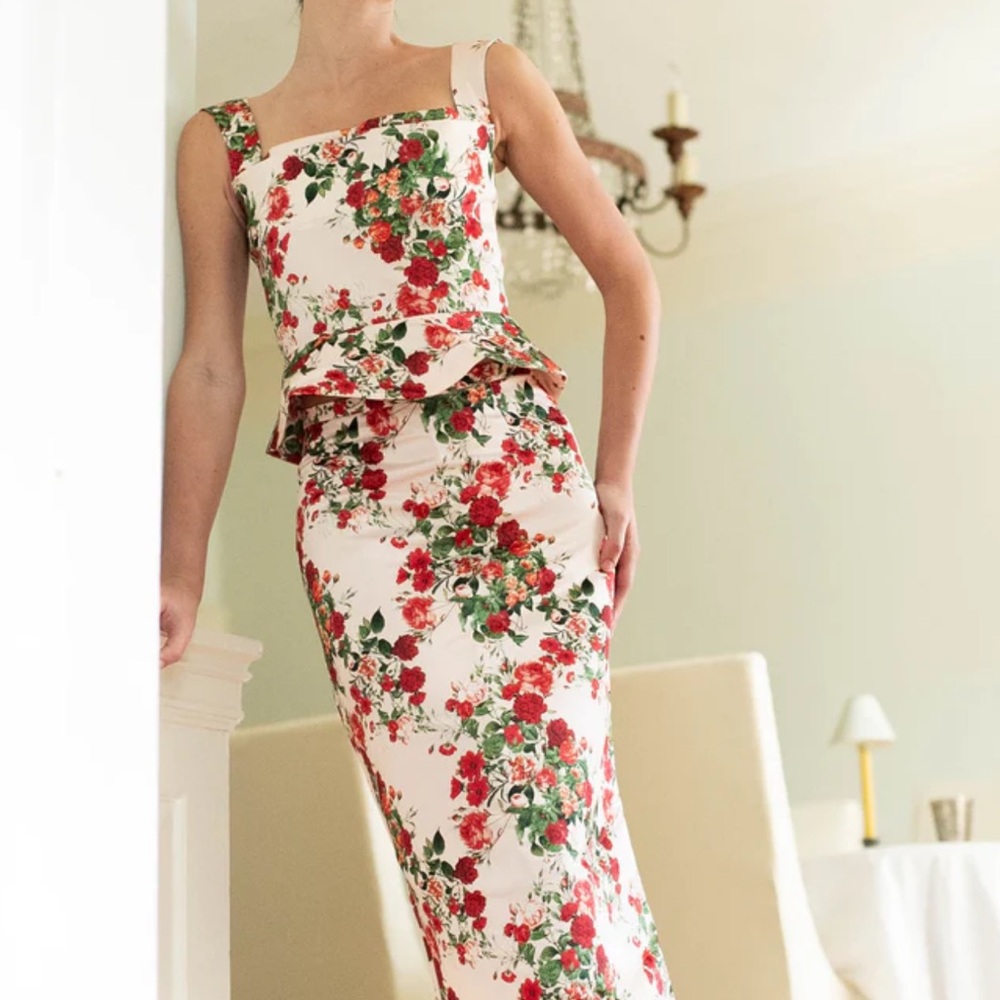 Damaris Bailey Luxury Floral Rose Print Peplum Pencil Skirt | Designer Occasion